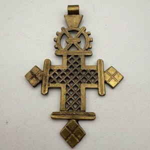 Brass Ethiopian Coptic Cross Pendant 66x45mm African Large Hole Handmade